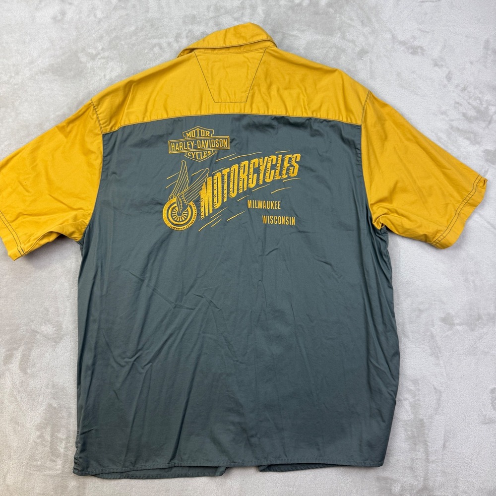 VTG Harley Davidson Mechanic Shirt XL Gray Yellow Button Up Milwaukee Wisconsin